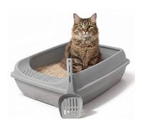 DIVCHI Cat Litter Tray with Scoop Spacious Open Design Litter Box with Removable Rim for Indoor and Odour Cats, Non Stick Plastic Catsan Surface Easy to Clean Toilet Box (Grey)