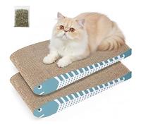 DIVCHI Cat Scratching Post Set of 2 Scratch Pad with Catnip Cardboard Cat Scratcher for Indoor Cats Double-Sided Usability Curved fish Shaped Printed Scratching Mat (Blue)