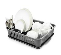 DIVCHI Dish Drainer & Drying Rack with Removable Drip Tray & Cutlery Holder Space Saving Plastic Dish Draining Organizer for Kitchen Counter, Detachable Water Tray with Spoon Holder (Grey)