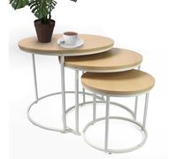DIVCHI Round Nesting Set of 3, Modern Wooden Look with Metal Base Coffee Side Tables for Small Spaces, Nightstand Bedside Table for Living Room, Bedroom,Balcony (WHITE OAK)
