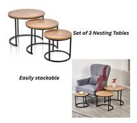 Divchi Round Nesting Set Of 3, Modern Wooden Look With Metal Base Coffee Side Tables For Small Spaces, Nightstand Bedside Table Fo