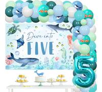 Dive Into Five Birthday Decorations, Ocean Theme Dive Into Five Party Backdrop with Blue Balloon Garland Arch Kit, Number 5 Foil Balloon, Under The Sea 5th Birthday Party Supplies