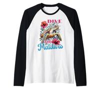 Dive The Maldives Sea Turtle And Hibiscus Raglan Baseball Tee