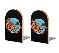Diver And Octopus Wood Book Ends Non-Skid Bookends for Shelves Book Stopper for Home Office