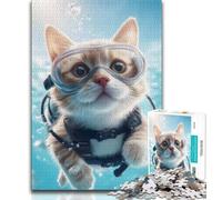 Diver Cat Jigsaw Puzzles for Adults 1000 Piece,Challenging Game Toys Every Piece Is Unique - Challenging Family Fun Game 38x26cm