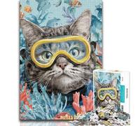 Diver Cat Jigsaw Puzzles for Teenagers,Challenging Game And Family Play with Fully Interlocking Randomly Shaped Pieces 70x100cm