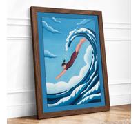 Diver in the Wave Coastal Framed Wall Art Print A2 Walnut Frame