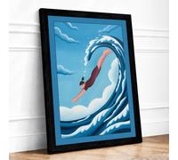 Diver in the Wave Coastal Framed Wall Art Print A4 (29.7×21cm) Black, Wall Decor for Living Room, Bedroom, Office & Home, Ready to Hang, Art Gift
