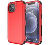 Diverbox for iPhone 12 case [Shockproof] [Dropproof] [Tempered Glass Screen Protector + Camera Lens Protector],Heavy Duty Protection Phone Case Cover for Apple iPhone 12(Red)