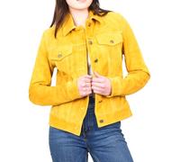 Divergent Retail Womens Suede Leather Classic Trucker Style Jacket Buttoned Cuffs Daija Yellow (UK, Numeric, 10, Regular, Regular, Yellow)