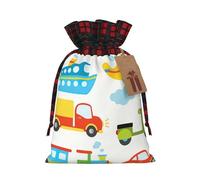 Diversified Transportation Print Christmas Drawstring Gift Bag Xmas Bags Festive Plaid Design Presents Packaging