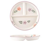 Divided Plates 8x1" Floral Pattern Round Ceramic 3 Compartment Plates for Kids & Adults for Portion Control at Home, School, Kindergarten Portion Control Plate