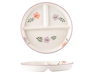 Divided Plates 8x1 Floral Pattern Round Ceramic 3 Compartment Plates for Kids & Adults for Portion Control at Home, School, Kindergarten Portion Control Plate