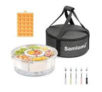 Divided Serving Tray with Lid and Handle, Rounded Snackle Box with 6 Compartments and Chill Base for Fruits, Candy, Veggie, Travel Snack Container with Portable Insulated Bag & Ice Cube Tray & 5 Forks