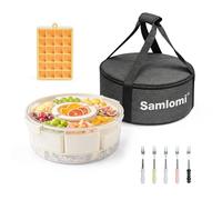 Divided Serving Tray with Lid and Handle, Rounded Snackle Box with 9 Compartments and Chill Base for Fruits, Candy, Veggie, Travel Snack Container with Portable Insulated Bag & Ice Cube Tray & 5 Forks