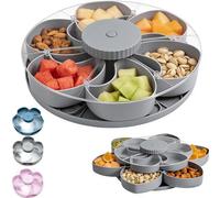 Divided Spin Snack Tray, Divided Serving Tray That Spins, 5-Compartment Rotating Snack Box Container with Lid, Lazy Susan Organizer Veggie Fruit Tray, Kitchen Organizer for Picnic & Parties (Gray)