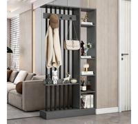 Divider Privacy Screen Modern Indoor Multiple Partition Separato, 31/39/47/55in Solid Wood Wall Room, With Coat Rack Hooks Bookcase Dividers, Suitable For The Entryway(Gray+black,100cm/39.4in)