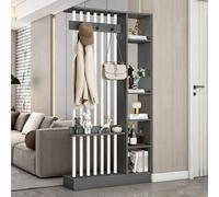 Divider Privacy Screen Modern Indoor Multiple Partition Separato, 31/39/47/55in Solid Wood Wall Room, With Coat Rack Hooks Bookcase Dividers, Suitable For The Entryway(Gray+white,100cm/39.4in)
