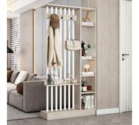 Divider Privacy Screen Modern Indoor Multiple Partition Separato, 31/39/47/55in Solid Wood Wall Room, With Coat Rack Hooks Bookcase Dividers, Suitable For The Entryway(Khaki+white,100cm/39.4in)