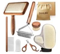 DIVILEO Premium Waterproof Wooden Pet Grooming Kit - Professional Deshedding, Dematting & Nail Trimming Set for Dogs, Cats & Small Pets - 10-Piece Gift Box with Canvas Pouch