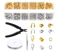 DIVINA VITAE Crimp Bead Kit for Jewelry Making - 1200 Pcs Crimp Beads, Crimp Caps, Crimp Tubes and Wire Guards, Lobster Clasps, Jump Rings, Crimp Pliers and Crimp Wire for Jewelry Making(Silver,Gold)
