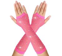 DIVINA VITAE Hot Pink Rhinestone Fishnet Gloves - Long Fingerless 80s Fish Net Arm Sleeves - Sparkly Mesh Fashion Accessories for Women and Kids