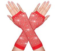 DIVINA VITAE Red Rhinestone Fishnet Gloves - Long Fingerless Arm Sleeves, Sparkly Mesh 80s Accessories for Women and Kids