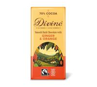 Divine 70% Cocoa Dark Chocolate with Ginger & Orange 90g Bar - Fairtrade Dark Chocolate - Warming Ginger & Zesty Orange Pieces - Ethical Premium Chocolate