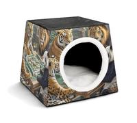 Divine Beasts Playing Mahjong Cat Bed for Indoor Cats - Foldable Cat & Dog House with Removable Cozy Cushion, Waterproof Oxford Washable Pet House for Small Pets 13.8" X 13.8" X 11.8"