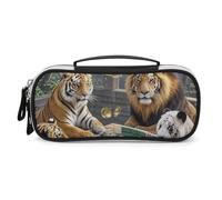 Divine Beasts Playing Mahjong Pencil Case with Handle, Large Capacity PU Leather Pencil Bag Office Organizer, Portable Cosmetic Bag for Travel, Home