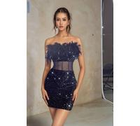 Divine Grace Women's Black Feather Mesh Mini Dress in Navy | Size: Large Divine Grace Navy L