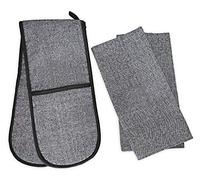 Divine Home Double Oven Glove and Tea Towel Set - 100% Cotton with Thick Heat-Resistant Lining for Protection from Hot Pots, Pans and Dishes. Soft, Stylish & Durable (3 Piece Set, Black).