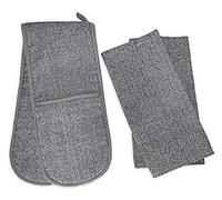 Divine Home Double Oven Glove and Tea Towel Set - 100% Cotton with Thick Heat-Resistant Lining for Protection from Hot Pots, Pans and Dishes. Soft, Stylish & Durable (3 Piece Set, Grey).