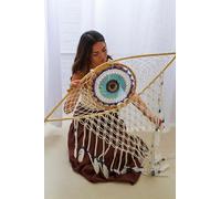 Divine Imports Handmade Evil Eye Dreamcatcher, Macramé and Feathers, Blue, White, Black, Protection Symbol, Bohemian Wall Decor