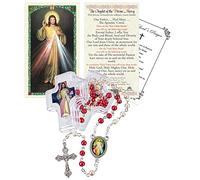 Divine Mercy Chaplet - Prayer Card, Divine Mercy Rosary with Centerpiece, Red and White Beads, Jesus Christ Cross Crucifix, Case, The Lord's Prayer Card | Catholic Set Of 4 Items