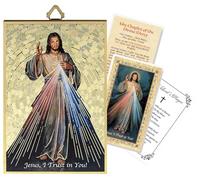 Divine Mercy Image Plaque - Divine Mercy Chaplet Prayer Card, The Lord's Prayer Card - Gold Foil Divine Mercy Picture - Cuadro De La Divina Misericordia - Wooden Jesus Wall Art Set of 3 Items