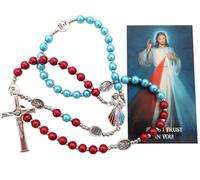 Divine Mercy Jesus Rosary Red Blue Glass Beads Metal Crucifix USA Made Card