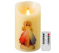 Divine Mercy of Jesus LED Devotional Prayer Candle - Battery Operated Religious Candle with Remote Control & Timer, Real Wax 3D Wick, 6" x 3.2" for Religious Festivals, Home Altar, Church & Devotions
