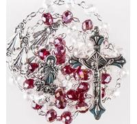 Divine Mercy of Jesus Rosary with Clear and Ruby Red Crystal Beads, Silver Tone Crucifix and Religious Charms