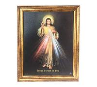 Divine Mercy Picture Printed on Canvas Textured Paper with Antique Gold Frame; 8 x 10 inches; Jesus I Trust in You; Catholic Religious Inspirational Wall Art Depicting the Christ; Hangs or Stand-Alone
