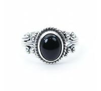 Divine Ornaments 925 Sterling Silver Black Onyx Ring, Oval Cabochon, Rope Bezel Setting, 5x7mm Stone, 3g (US-6/UK-L)