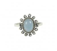 Divine Ornaments 925 Sterling Silver Handmade Ring with Natural Oval Gemstone Cabochon, 4g, 5x7mm Stone, Flower Design (Blue Chalcedony, US-6/UK-L)