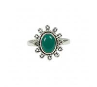 Divine Ornaments 925 Sterling Silver Handmade Ring with Natural Oval Gemstone Cabochon, 4g, 5x7mm Stone, Flower Design (Green Onyx, US-4/UK-H)
