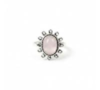 Divine Ornaments 925 Sterling Silver Handmade Ring with Natural Oval Gemstone Cabochon, 4g, 5x7mm Stone, Flower Design (Rose quartz, US-6/UK-L)