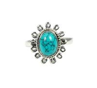 Divine Ornaments 925 Sterling Silver Handmade Ring with Natural Oval Gemstone Cabochon, 4g, 5x7mm Stone, Flower Design (Turquoise, US-8/UK-P)