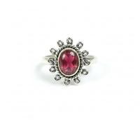 Divine Ornaments 925 Sterling Silver Handmade Ring with Natural Oval Gemstone Cabochon, 4g, 5x7mm Stone, Flower Design (Garnet, US-4/UK-H)