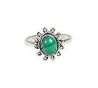 Divine Ornaments 925 Sterling Silver Handmade Ring with Natural Oval Gemstone Cabochon, 4g, 5x7mm Stone, Flower Design (Malachite, US-8/UK-P)