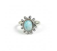 Divine Ornaments 925 Sterling Silver Handmade Ring with Natural Oval Gemstone Cabochon, 4g, 5x7mm Stone, Flower Design (Larimar, US-5/UK-J)