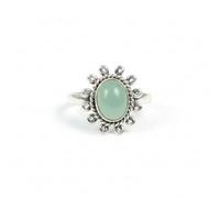 Divine Ornaments 925 Sterling Silver Handmade Ring with Natural Oval Gemstone Cabochon, 4g, 5x7mm Stone, Flower Design (Aqua Chalcedony, US-9/UK-R)