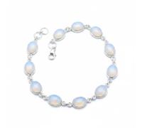 Divine Ornaments 925 Sterling Silver Oval Gemstone Tennis Adjustable Bracelet, Classic Link Handmade Jewelry for Women in Black Onyx, Chalcedony and More, Milky Opalite